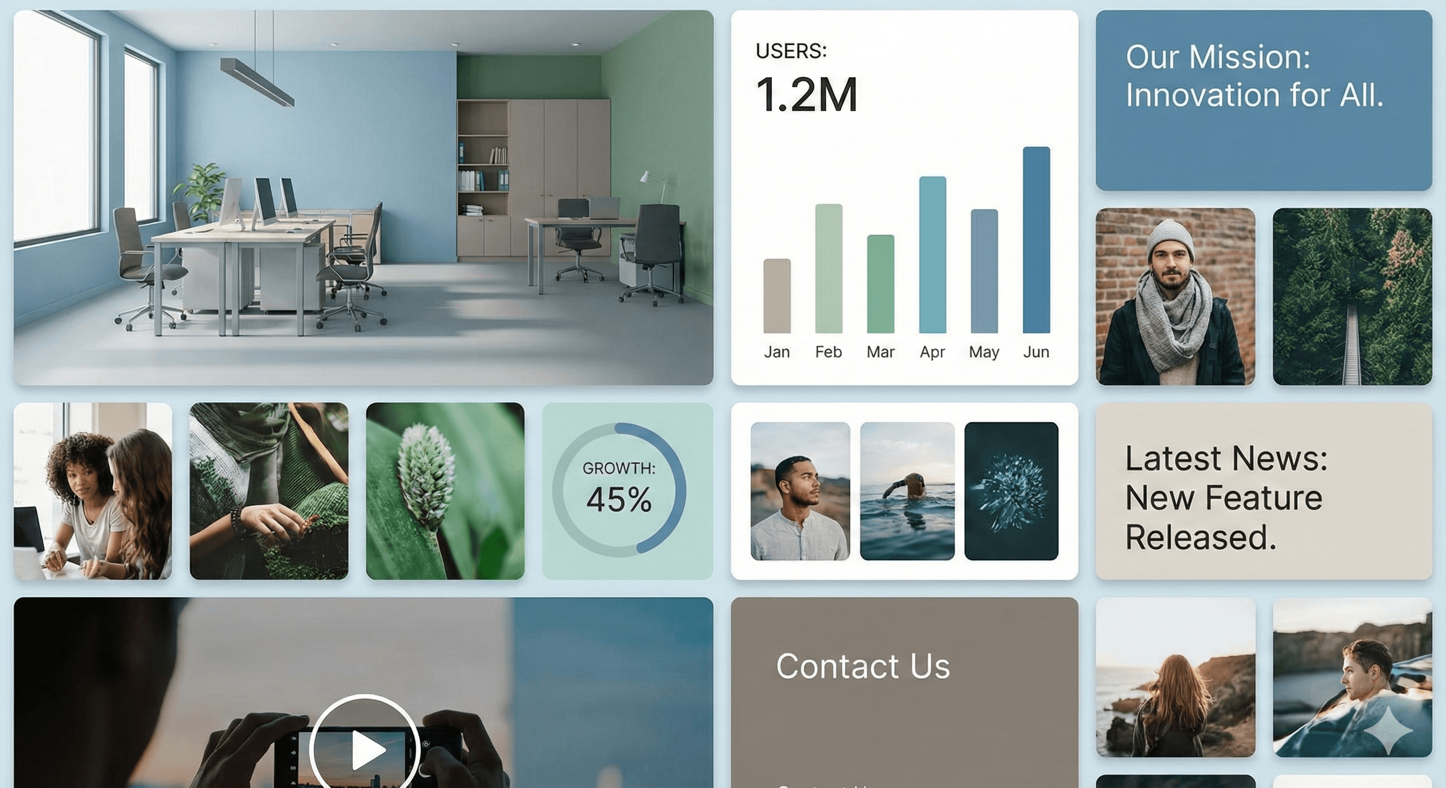 Voorbeeld van een moderne Bento Grid lay-out voor websites, waarbij content in modulaire blokken is georganiseerd.