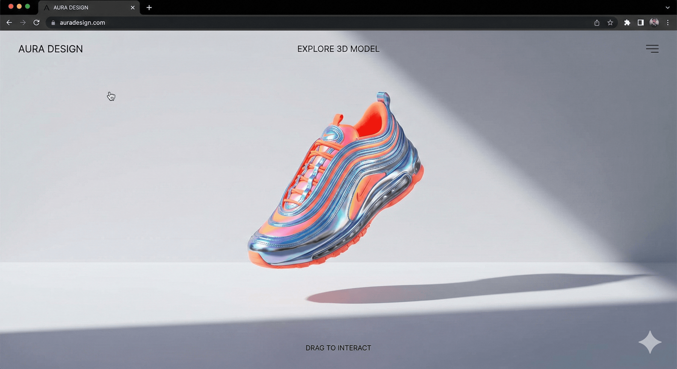 Immersief 3D webdesign waarbij een product interactief op het scherm wordt weergegeven tijdens het scrollen.