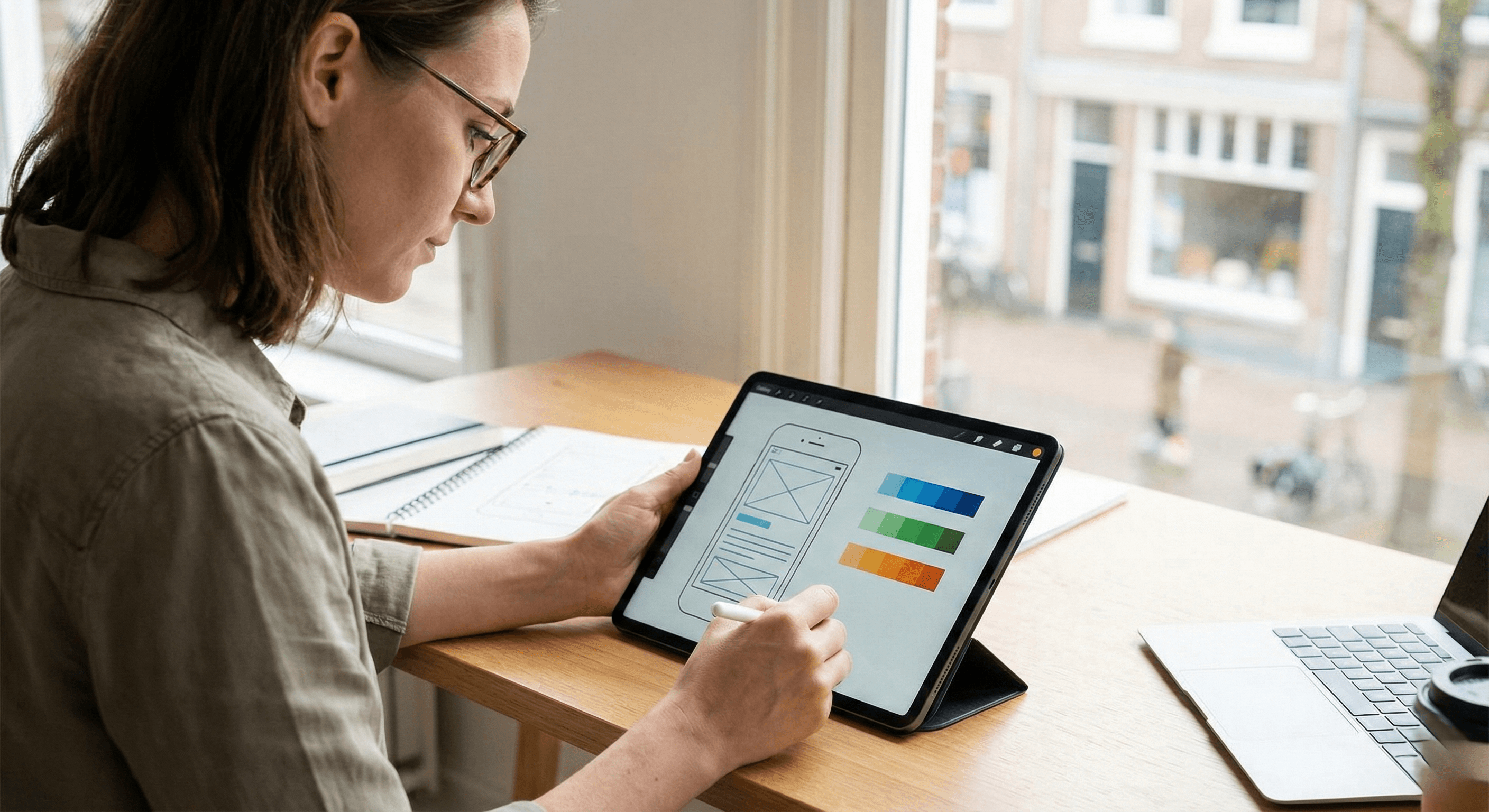 UI/UX designer werkt aan een app ontwerp en wireframes op een tablet.