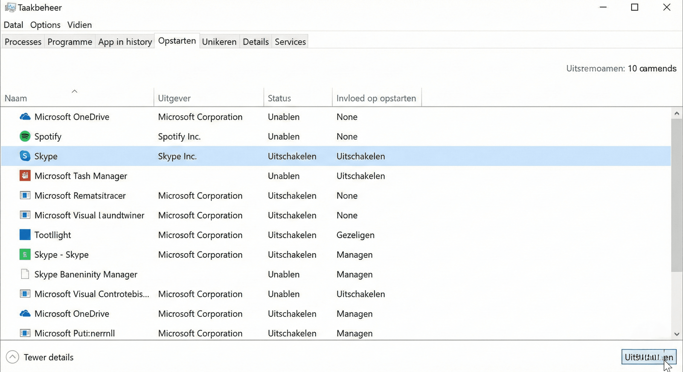 Windows Taakbeheer tabblad opstarten om programma's uit te schakelen.