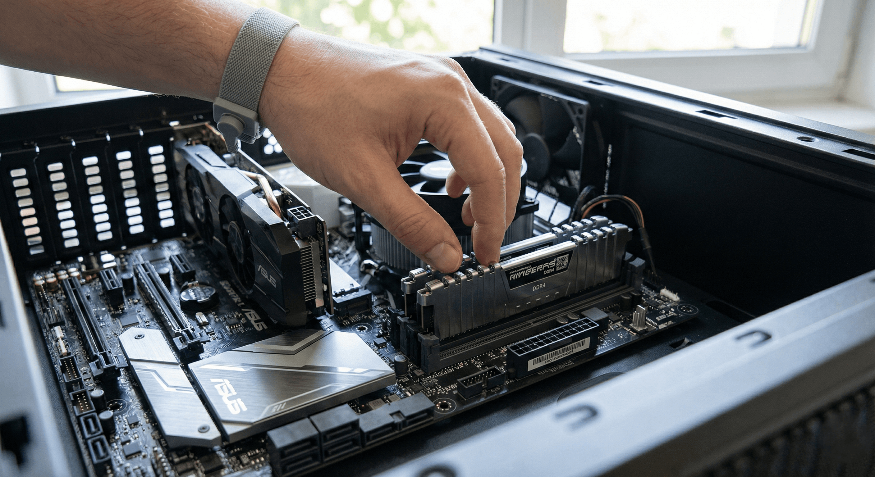 Installeren van extra RAM werkgeheugen in een computer moederbord.